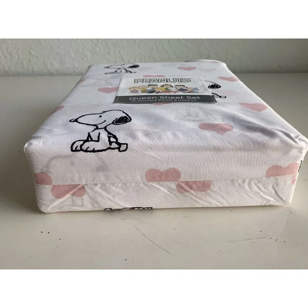 4 Pc Peanuts Snoopy Pink Hearts Valentines Day QUEEN Size Sheet Set Soft‎ NEW